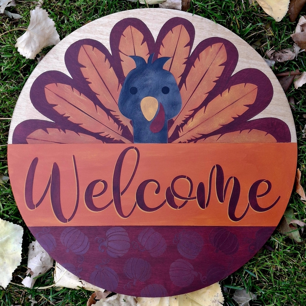 Thanksgiving Welcome Sign Painted 16x16 Door Hanger Porch Entryway Turkey Decor